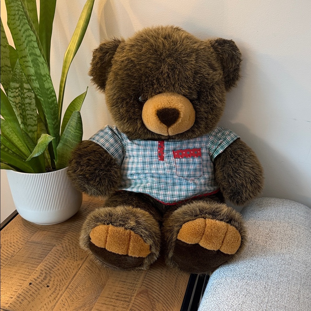 Brown Teddy Bear with Plaid Shirt